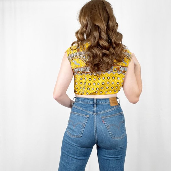 Vintage Silk Reversible Crop Top Open Back V-Neck Boho Hippie Floral Print Funky - Picture 2 of 6